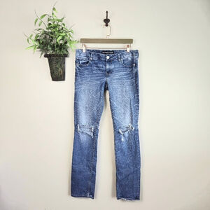 Express Stella Straight Low Rise Medium Wash Distressed Ripped Stretch Jeans 8